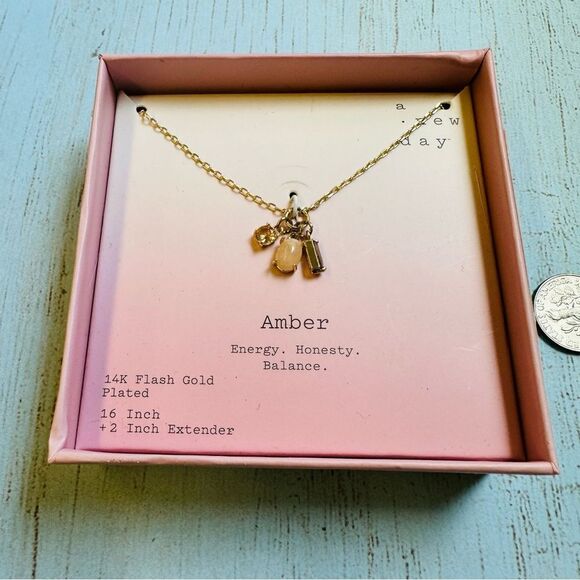 A New Day Gold Amber Dainty Bead Charm Necklace NIB - Picture 1 of 2